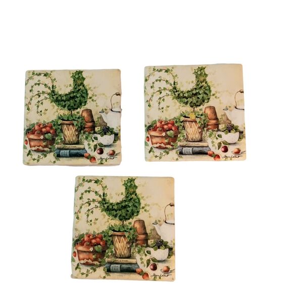 Coasters Rooster Topiary Cottagecore Farmhouse Cork Back Set Of Three Square - Picture 1 of 3